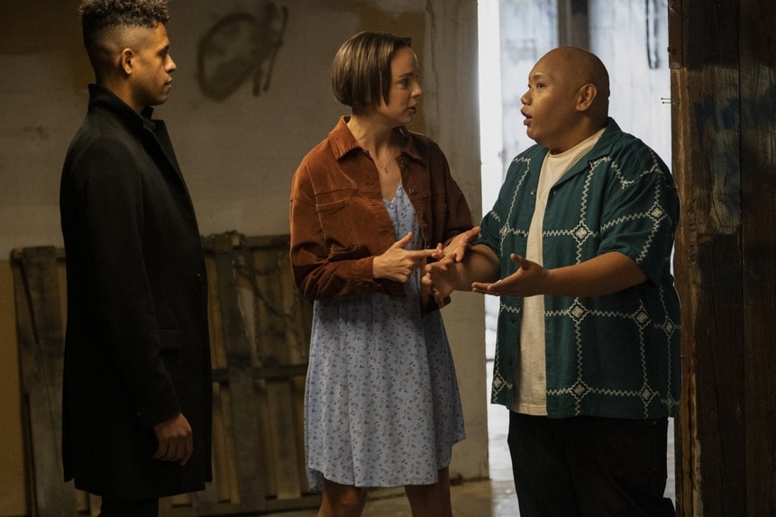 Maurice Miller (Mandela Van Peebles), Sarah Kinney (Em Haines) and Reginald Andres (Jacob Batalon) talk on Reginald The Vampire Episode 206.