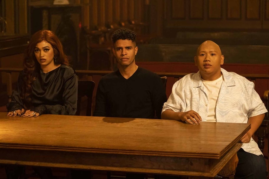 Angela Hibbert (Savannah Basley), Maurice Miller (Mandela Van Peebles), and Reginald Andres (Jacob Batalon) sit at a table in Reginald the Vampire Episode 209.