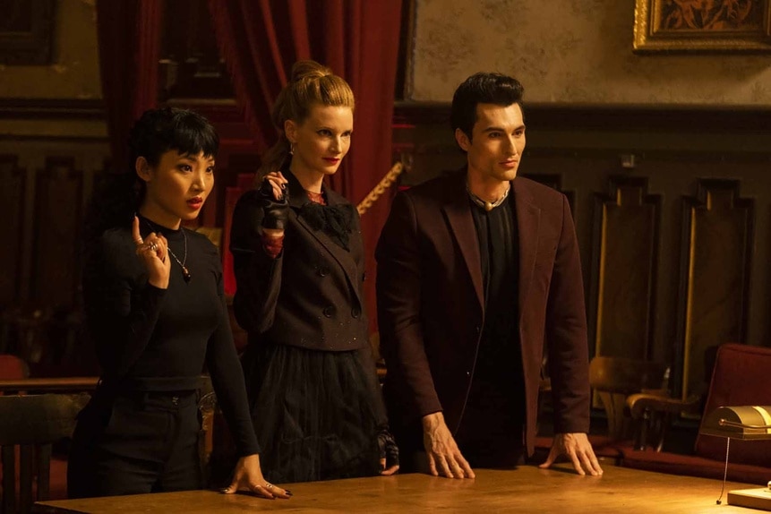 Nikki (Christin Park), Penelope (Georgia Waters), and LeBron (Sean Yves Lessard) wear all black clothing in Reginald the Vampire Episode 209.