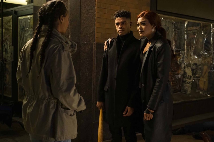 Maurice Miller (Mandela Van Peebles) and Angela Hibbert (Savannah Basley) face a woman in two braids on Reginald the Vampire Episode 210.