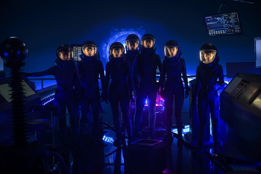 The crew of the Ark wears spacesuits in the dark on The Ark Episode 203.