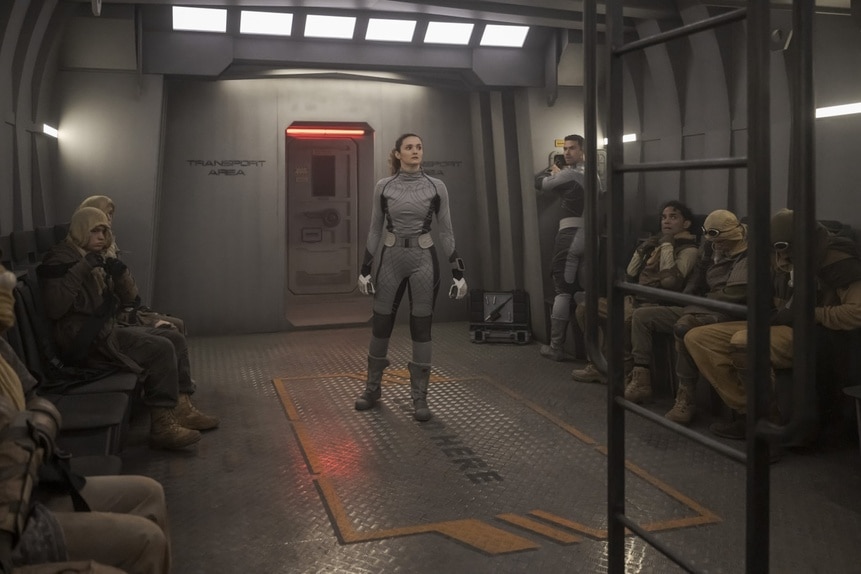 Lt. Sharon Garnet (Christie Burke) stands in the center of the transport area on The Ark Episode 206.