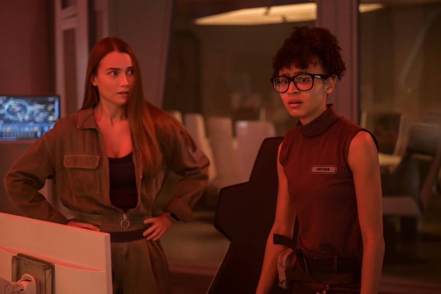 Eva Markovic (Tiana Upcheva) and Alicia Nevins (Stacey Read) look appalled and defeated on The Ark Episode 206.