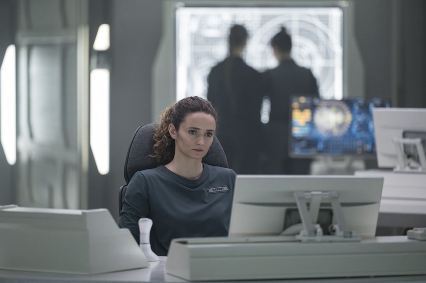 Lt. Sharon Garnet (Christie Burke) works at a computer on The Ark Episode 206.