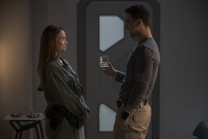 Eva Markovic (Tiana Upcheva) and Lt. James Brice (Richard Fleeshman) chat on The Ark Season Episode 207.