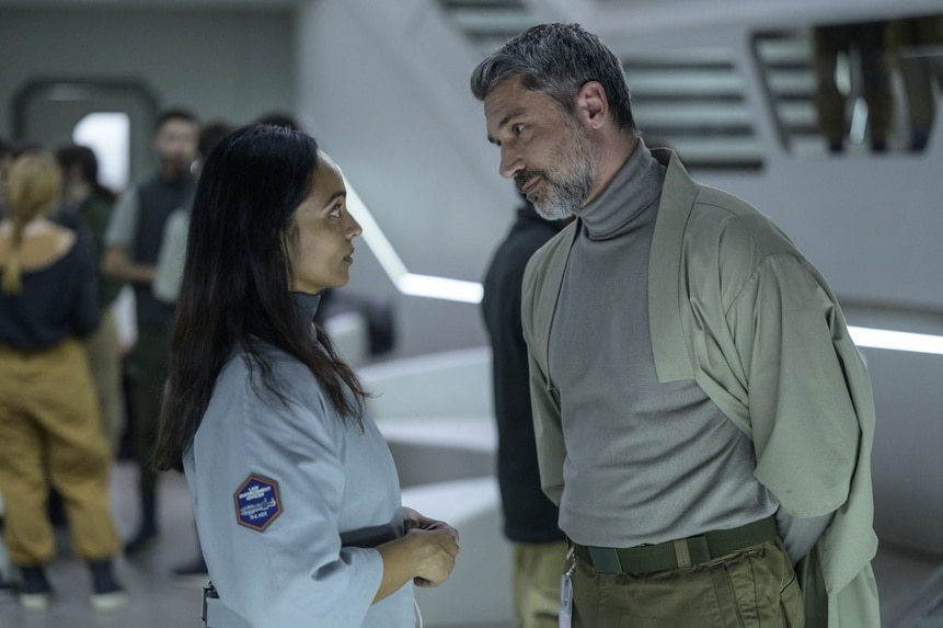 Dr. Sanjivni Kabir (Shalini Peiris) and Dr. Marsh (Jadran Malkovich) chat on The Ark Season Episode 207.