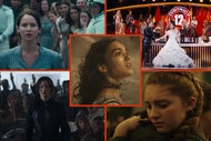 A collage featuring the five movies from the Hunger Games series.