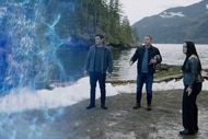 Joseph Raini, Harry Vanderspeigle, and Asta Twelvetrees look at a portal on Resident Alien Episode 308.