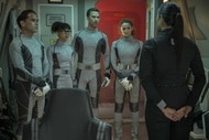 The cast of The Ark stands in matching bodysuits in Season 2.