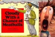 A split of the original book cover of Cloudy With a Chance of Meatballs and Flint Lockwood (Bill Hader) in the Cloudy With a Chance of Meatballs (2009) film.