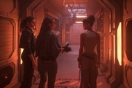 Lt. Sharon Garnet (Christie Burke), Eva Markovic (Tiana Upcheva), and Alicia Nevins (Stacey Read) walk through a hallway on The Ark Episode 203.