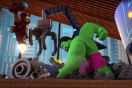 LEGO Iron Man watches Hulk smash.
