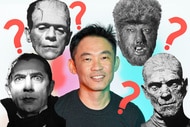 James Wan is surrounded by Universal Monsters like Dracula, Frankenstein, The Wolf Man, and The Mummy.