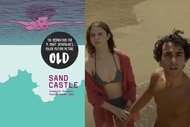 A split of the cover of Sandcastle: A Graphic Novel and Maddox Cappa (Thomasin McKenzie) and Trent Cappa (Alex Wolff) in Old (2021).