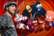 A collage featuring Tony Hawk and several Looney Tunes characters.