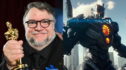 A split screen featuring Guillermo del Toro holding an Academy Award (L) and a robot from Pacific Rim Uprising (2018).