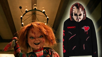 A collage featuring Chucky in Chucky Episode 303 and a Chucky zip-up hoodie.