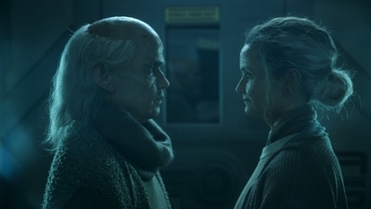 Elderly Ian (Reece Ritchie) and Lt. Sharon Garnet (Christie Burke) face each other in The Ark Episode 210.