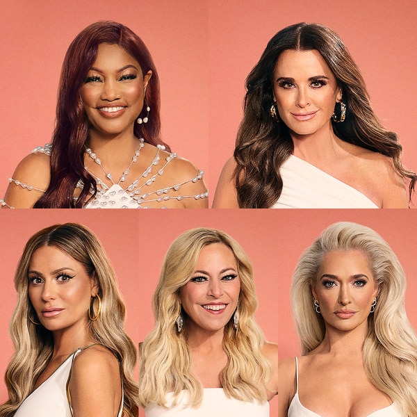 The returning cast of The Real Housewives of Beverly Hills in front of an orange backdrop.