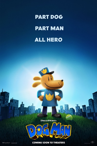 Dog Man stands with his hands on his hips in front of a cityscape