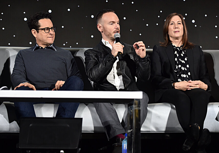 J.J. Abrams, Chris Terrio and Kathleen Kennedy at global press conference for Star Wars: The Rise of Skywalker