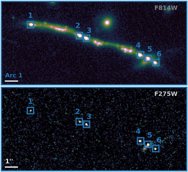 The top arc is actually the same galaxy replicated six times. The long-wavelength filter (top) shows the bright knot plus underlying stars in the galaxy, while the short-wavelength filter (bottom) picks out just the UV light from the knot.
