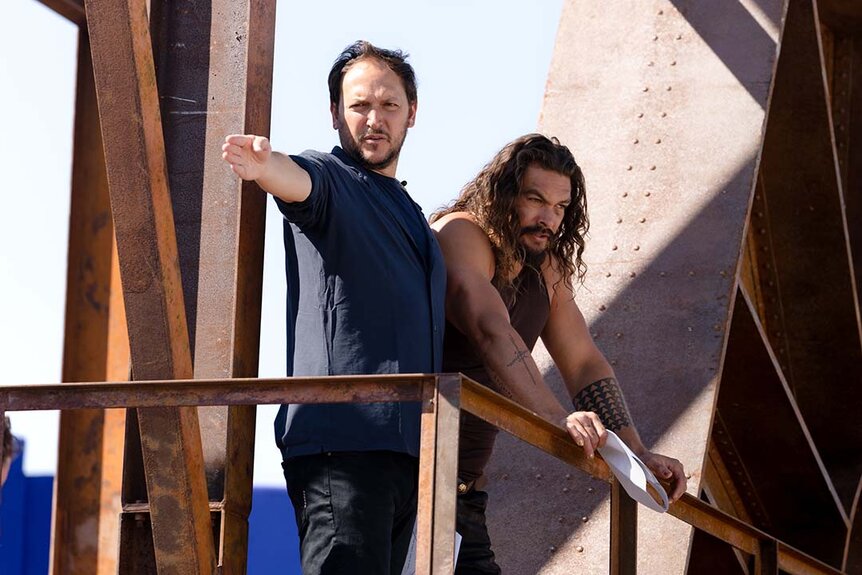 (from left) Director Louis Leterrier and Jason Momoa on the set of Fast X (2023).