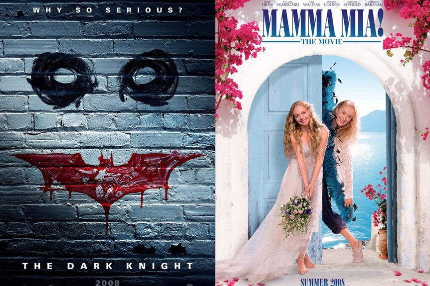 Posters for The Dark Knight (2008) and Mamma Mia (2008)