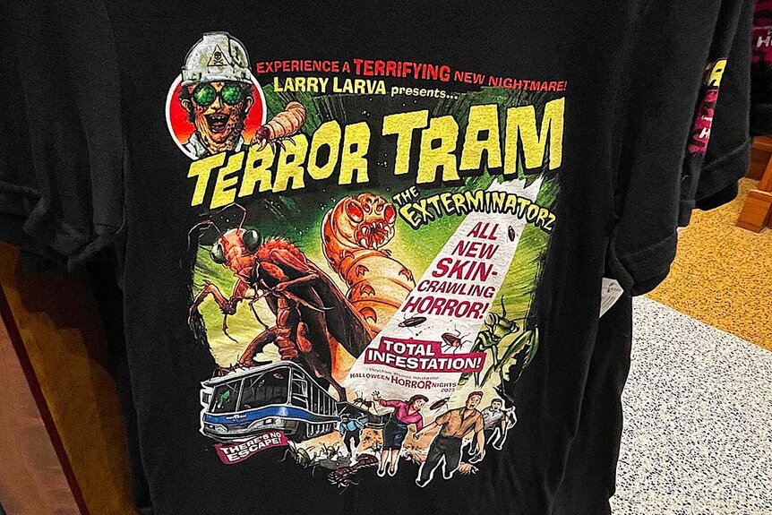 A Terror Tram Exterminatorz shirt at Halloween Horror Nights 2023 at Universal Studios Hollywood.