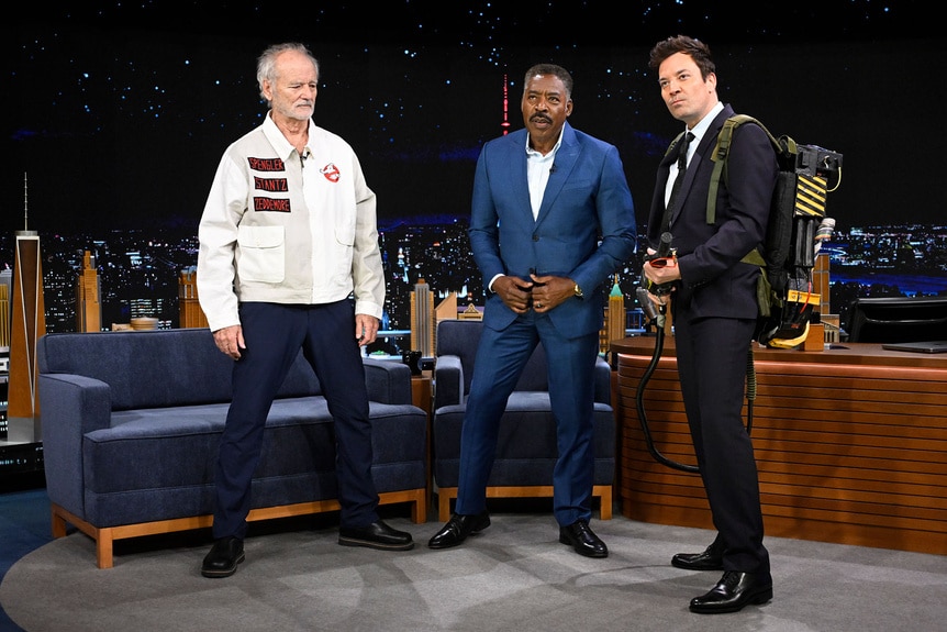 Bill Murray & actor Ernie Hudson during an interview with host Jimmy Fallon on Friday, March 15, 2024
