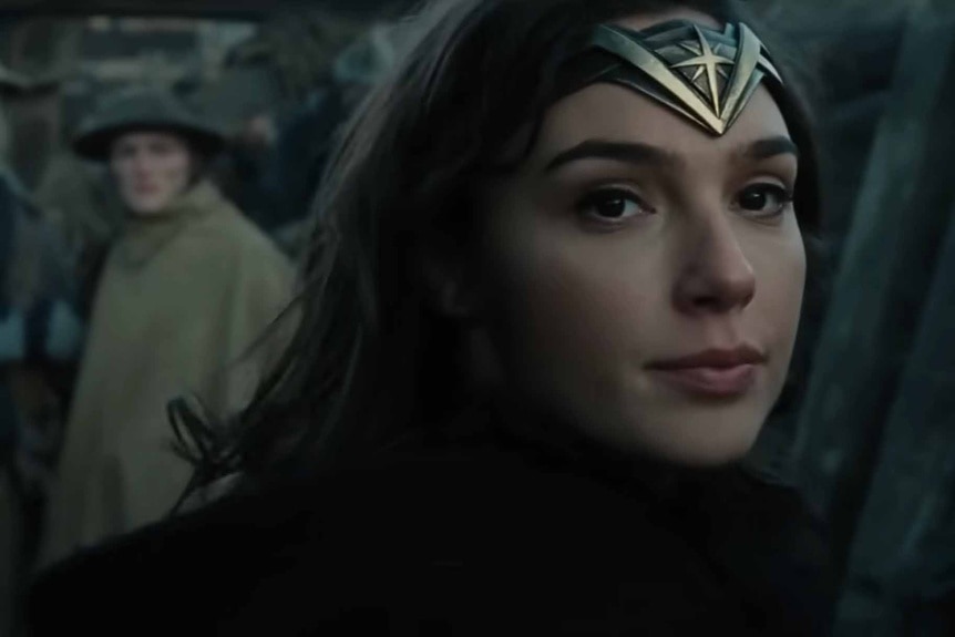Wonder Woman (Gal Gadot) wears her signature headpiece in Wonder Woman (2017).