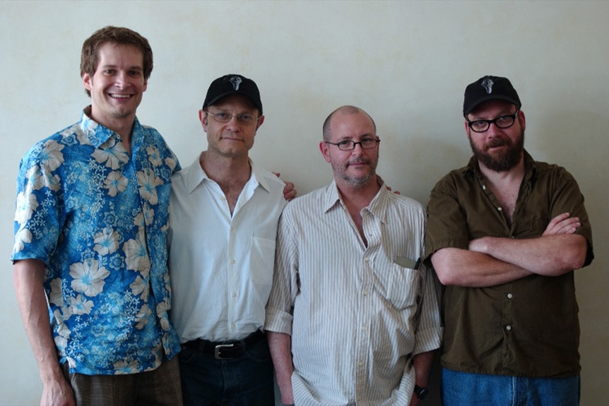 (L-R) Bryan Fuller, David Hyde Pierce, Mike Mignola, and Paul Giamatti during the voice recording of The Amazing Screw-On Head