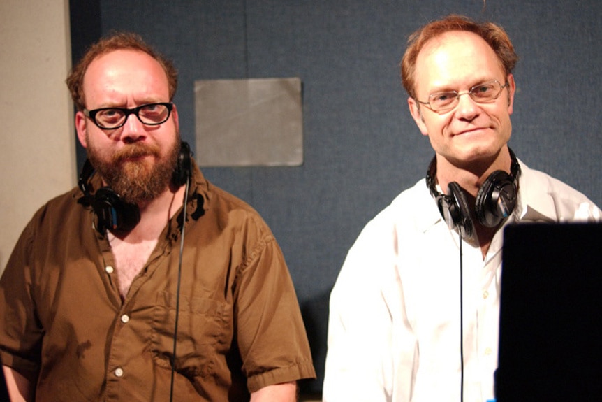 Paul Giamatti and David Hyde Pierce during the voice recording of The Amazing Screw-On Head.