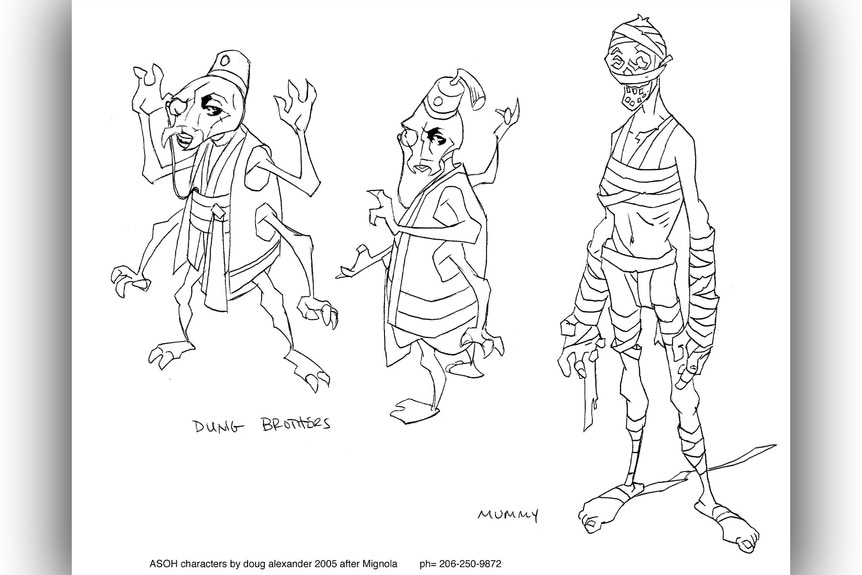 Character concept art for the Dung Bros and Mummy from The Amazing Screw-On Head