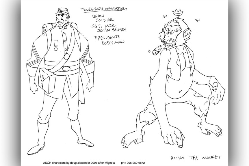 Telegraph operator and Ricky the Monkey character concept art for The Amazing Screw-On Head.