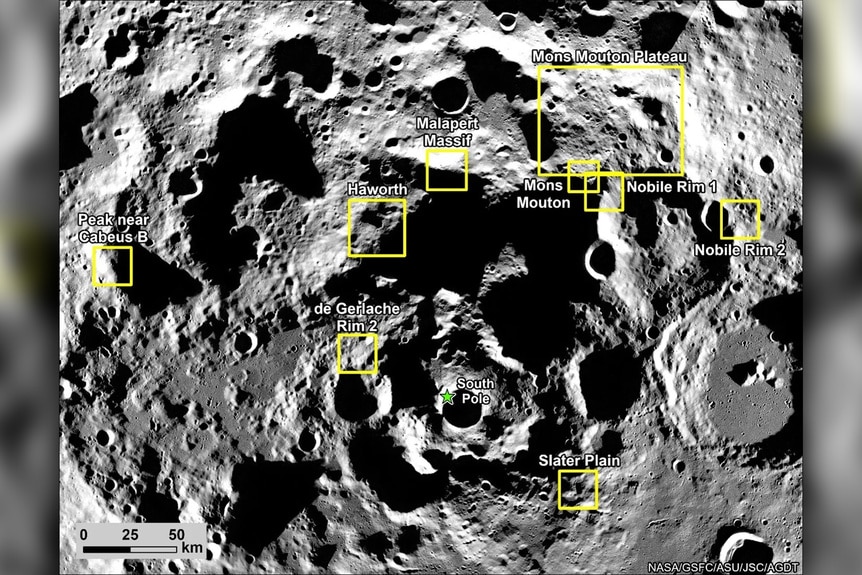 The moon with nin landing regions for NASA’s Artemis III mission squared off in yellow.