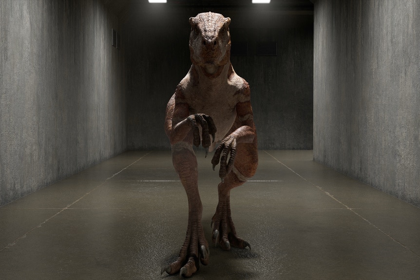 Red the Velociraptor walks through a hallway in Jurassic World: Chaos Theory Season 2.