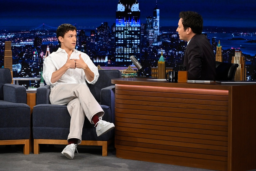 Tom Holland during an interview with Jimmy Fallon on The Tonight Show Season 12 Episode 14