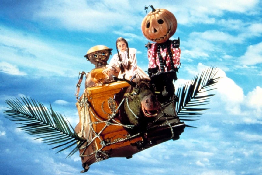 Dorothy (Fairuza Balk), Tik Tok, and Jack Pumpkinhead ride the "gump" in Return to OZ (1985).