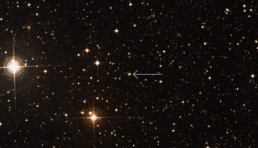 The star TOI-700 (arrowed), a small red dwarf about 100 light years away, is known to have at least three planets circling it. Credit: Aladin / DSS