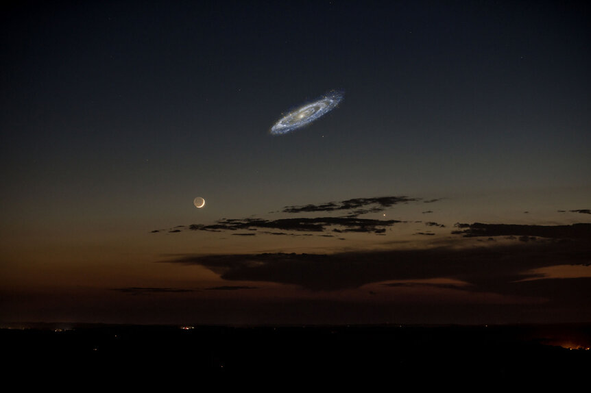 The viral image showing the Moon in the sky compared to the Andromeda Galaxy. Composite photo by Tom Buckley-Houston