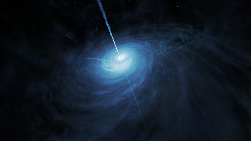 Artwork of a quasar, a galaxy with material swirling around a central massive black hole, and blasting out twin beams of matter and energy. Credit: ESA/Hubble, NASA, M. Kornmesser