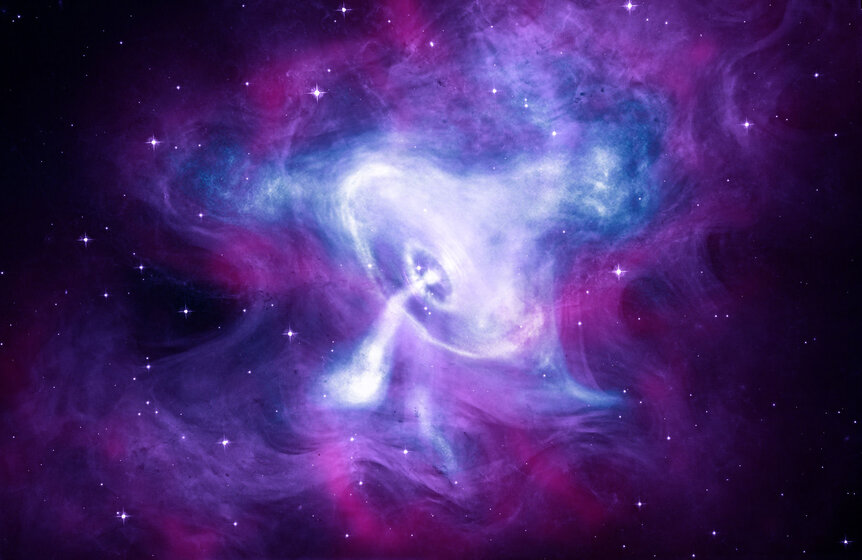 In the middle of the Crab Nebula, a pulsar (center) is blasting out radiation and a fierce wind of subatomic particles. Credit: X-ray: NASA/CXC/SAO; Optical: NASA/STScI; Infrared: NASA-JPL-Caltech